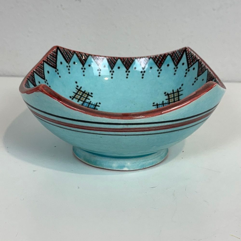 Handmade Moroccan Safi Geometric Blue Pottery Bowl 7”